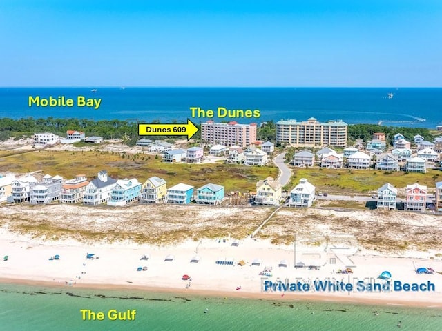 aerial view featuring a beach view and a water view