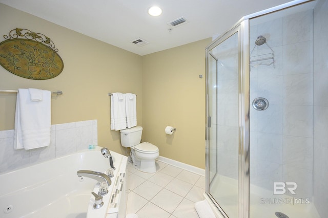 bathroom with tile patterned flooring, toilet, and independent shower and bath
