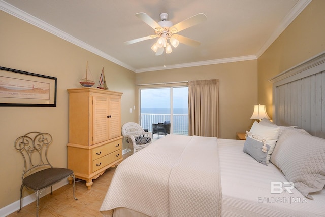 bedroom with access to outside, a water view, crown molding, ceiling fan, and light wood-type flooring