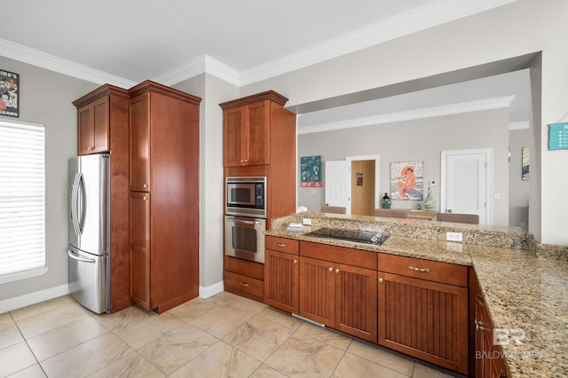 kitchen featuring kitchen peninsula, light stone counters, ornamental molding, and appliances with stainless steel finishes