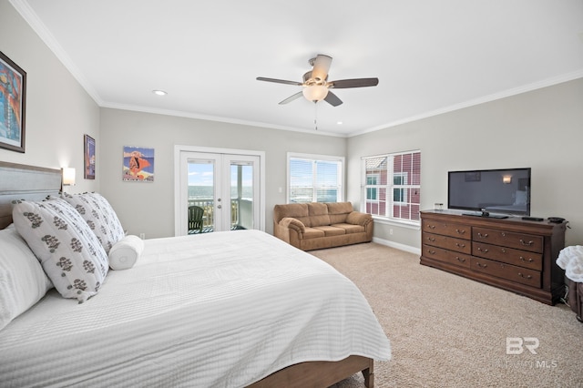 bedroom featuring ceiling fan, ornamental molding, and access to outside