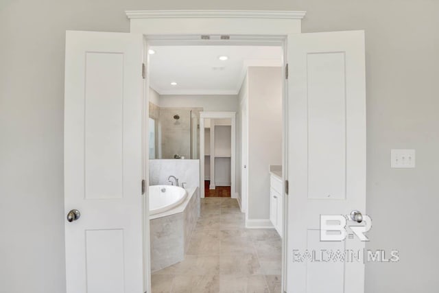 384 Garrison Blvd, Fairhope, AL 36532 - full bathroom with a shower stall, ornamental molding, and a bath