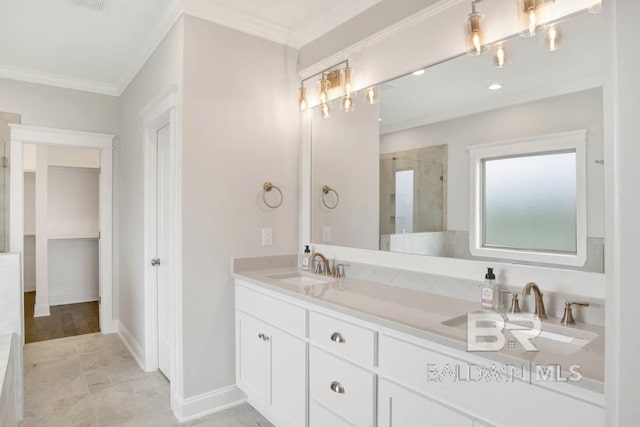 384 Garrison Blvd, Fairhope, AL 36532 - full bathroom featuring double vanity, a tile shower, and ornamental molding