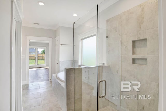 384 Garrison Blvd, Fairhope, AL 36532 - full bath featuring a bath, tile patterned flooring, crown molding, a shower stall, and recessed lighting