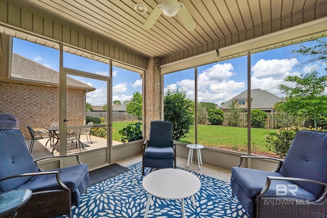 sunroom / solarium with ceiling fan and wooden ceiling