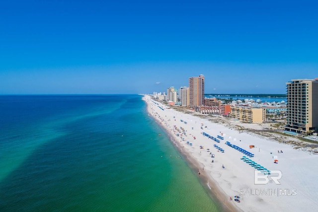 aerial view with a view of the beach and a water view