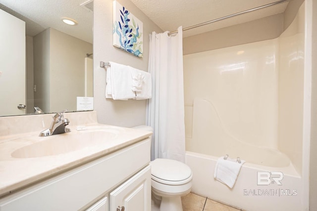 full bathroom with a textured ceiling, tile patterned floors, shower / tub combo, vanity, and toilet