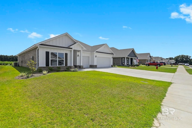 view of front facade featuring a garage, driveway, a front yard, board and batten siding, and brick siding