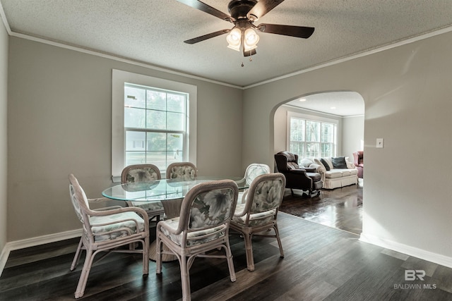 dining area featuring crown molding, a textured ceiling, ceiling fan, and dark wood-type flooring