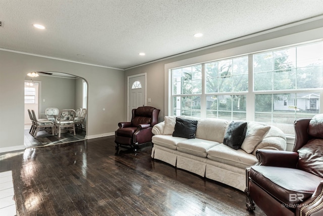 living room featuring a textured ceiling, ornamental molding, ceiling fan, and dark hardwood / wood-style floors