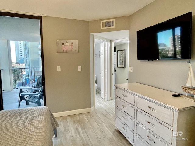 bedroom with light wood finished floors, baseboards, access to exterior, and visible vents