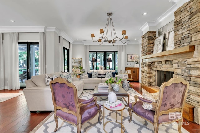 1106 Old County Rd, Daphne, AL 36526 - living room featuring recessed lighting, ornamental molding, a notable chandelier, and hardwood / wood-style floors
