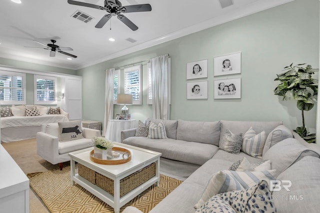 1106 Old County Rd, Daphne, AL 36526 - living area with recessed lighting, a ceiling fan, a healthy amount of sunlight, and ornamental molding
