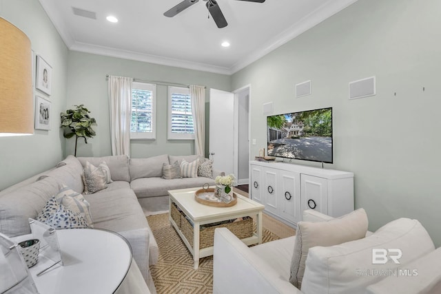 1106 Old County Rd, Daphne, AL 36526 - living room featuring visible vents, ornamental molding, ceiling fan, and recessed lighting