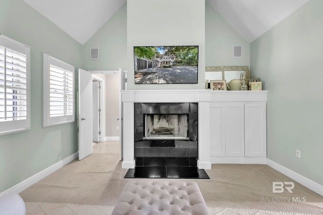 1106 Old County Rd, Daphne, AL 36526 - living room featuring high vaulted ceiling, light carpet, and visible vents