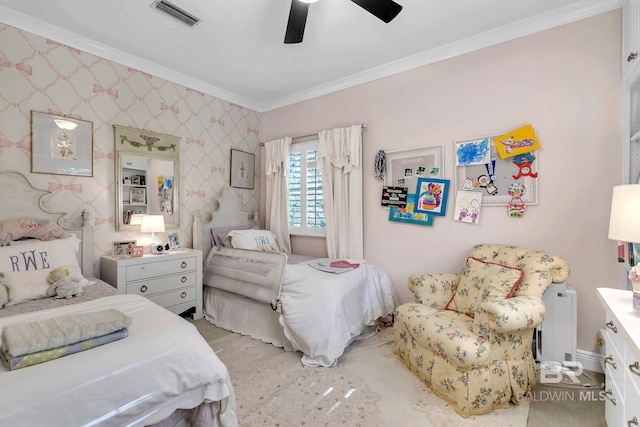 1106 Old County Rd, Daphne, AL 36526 - bedroom with crown molding, a ceiling fan, wallpapered walls, and visible vents