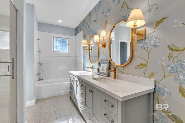 1106 Old County Rd, Daphne, AL 36526 - full bathroom with a sink, tile patterned floors, walk in shower, and wallpapered walls