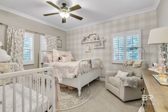 1106 Old County Rd, Daphne, AL 36526 - carpeted bedroom with crown molding, a ceiling fan, and wallpapered walls