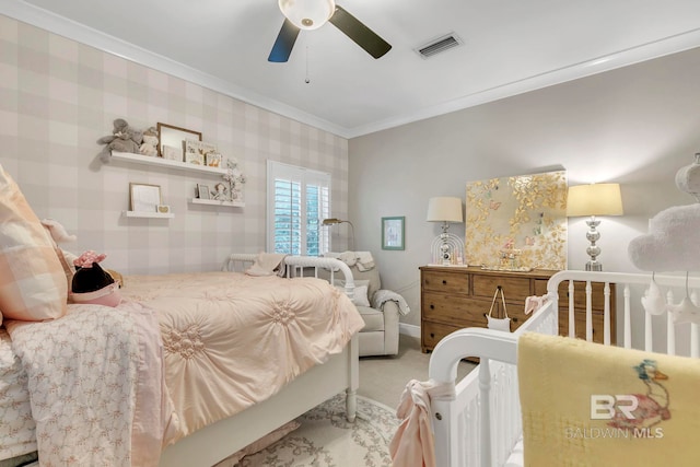 1106 Old County Rd, Daphne, AL 36526 - carpeted bedroom featuring crown molding, ceiling fan, wallpapered walls, baseboards, and visible vents