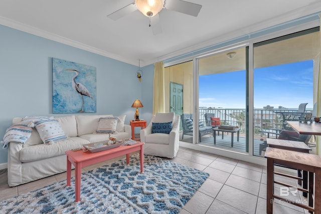 453 Dune Dr Unit 305, Gulf Shores, AL 36542 - tiled living area with a wall of windows, ornamental molding, and ceiling fan