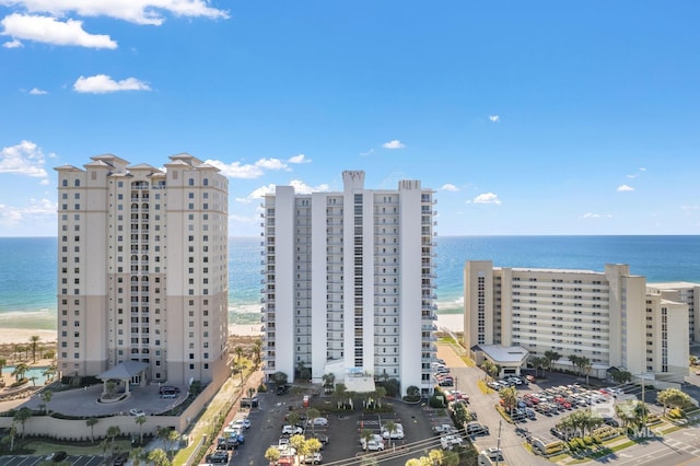 drone / aerial view with a view of the beach and a water view