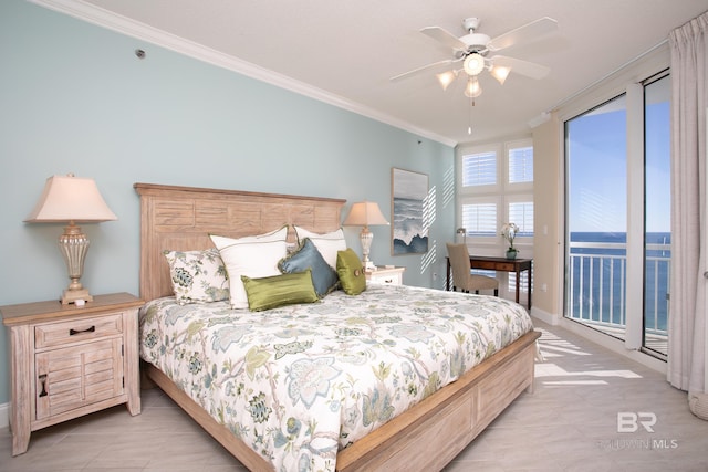 tiled bedroom with access to outside, ornamental molding, ceiling fan, and a water view