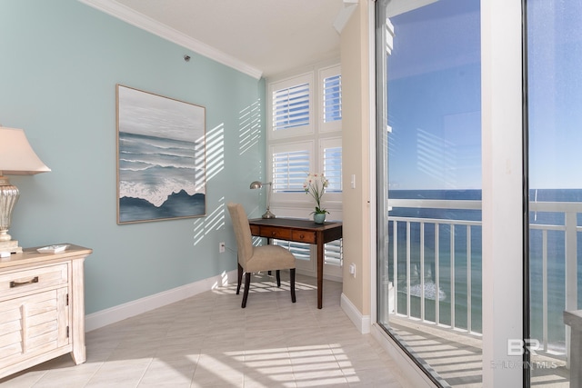 tiled office space featuring crown molding and a water view