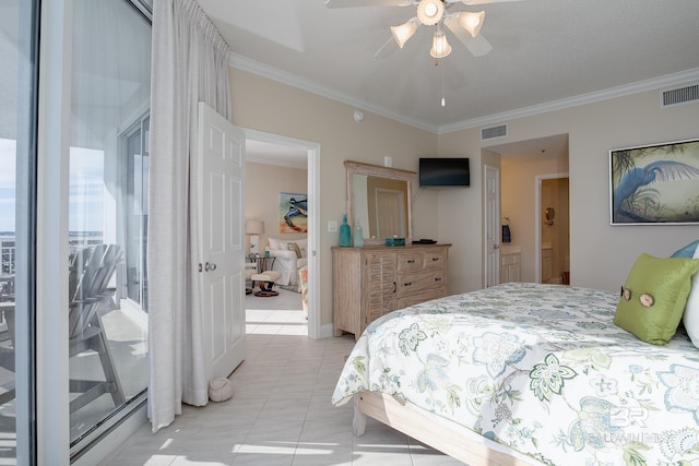 tiled bedroom featuring ornamental molding and ceiling fan