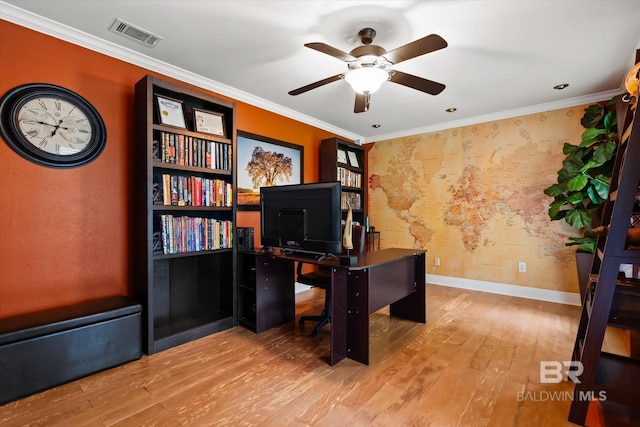 office featuring ornamental molding, hardwood / wood-style floors, and ceiling fan