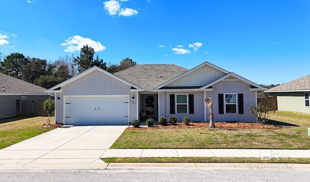 single story home featuring a garage, driveway, fence, and a front yard