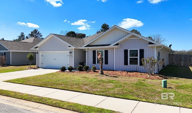 single story home featuring a garage, fence, concrete driveway, board and batten siding, and a front yard