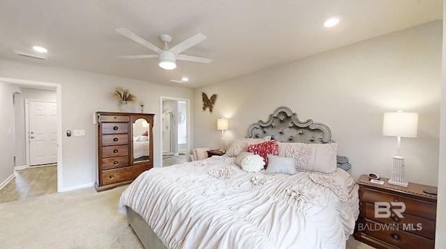 bedroom with recessed lighting, baseboards, ceiling fan, and light colored carpet