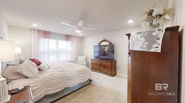 carpeted bedroom with ceiling fan, baseboards, and recessed lighting