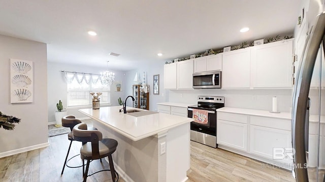 kitchen with light wood finished floors, visible vents, appliances with stainless steel finishes, a kitchen island with sink, and light countertops