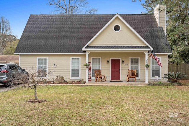 view of front of property with covered porch and a front lawn