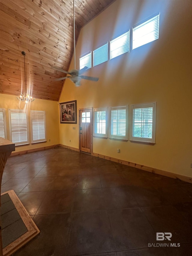 interior space with wooden ceiling, high vaulted ceiling, tile patterned floors, and ceiling fan