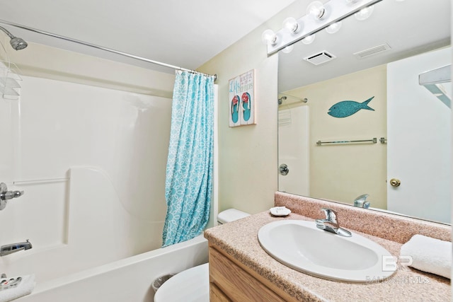 full bathroom with toilet, shower / tub combo, and vanity