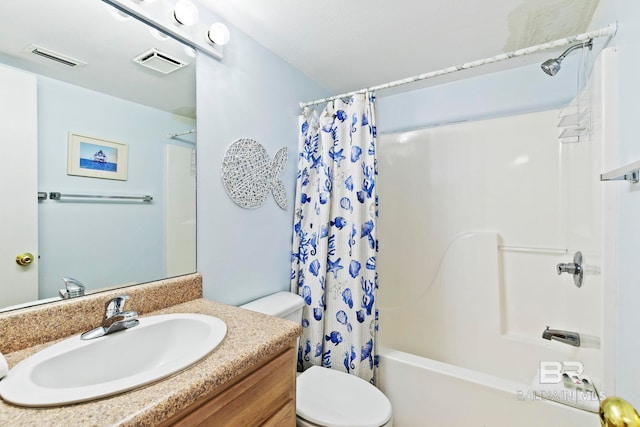 full bathroom featuring toilet, shower / tub combo, and vanity