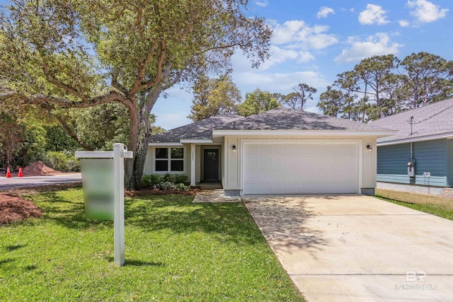 5885 Grotto Ave, Pensacola, FL 32507 - ranch-style house featuring an attached garage, driveway, a front lawn, and roof with shingles