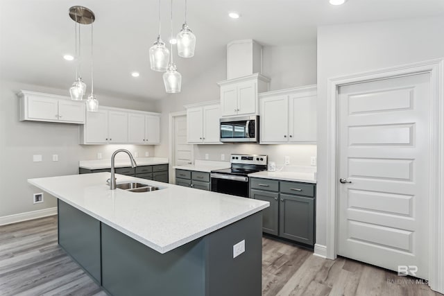 5885 Grotto Ave, Pensacola, FL 32507 - kitchen featuring stainless steel appliances, a sink, vaulted ceiling, gray cabinetry, and white cabinets