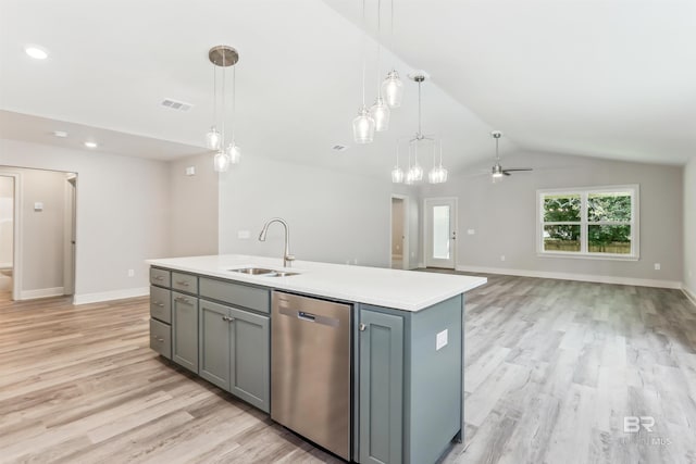 5885 Grotto Ave, Pensacola, FL 32507 - kitchen featuring stainless steel dishwasher, a sink, gray cabinets, light wood-type flooring, and lofted ceiling
