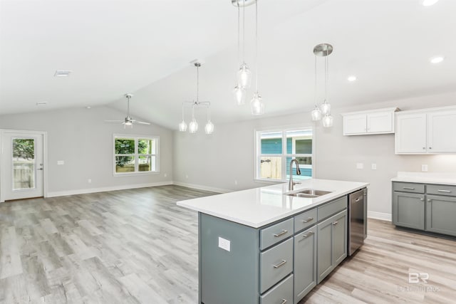 5885 Grotto Ave, Pensacola, FL 32507 - kitchen featuring a sink, stainless steel dishwasher, gray cabinets, light countertops, and ceiling fan