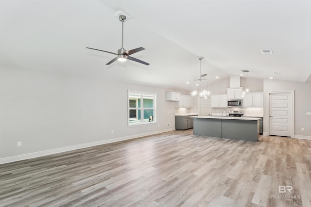 5885 Grotto Ave, Pensacola, FL 32507 - unfurnished living room featuring a sink, a ceiling fan, light wood finished floors, baseboards, and high vaulted ceiling