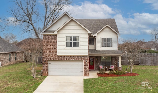 traditional-style home featuring brick siding, driveway, a front lawn, and fence