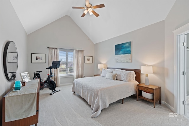 bedroom featuring baseboards, light colored carpet, ceiling fan, and high vaulted ceiling