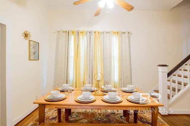 dining area featuring ceiling fan and wood-type flooring