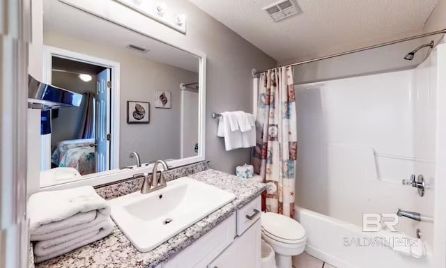 bathroom with visible vents, toilet, shower / bathtub combination with curtain, a textured ceiling, and vanity