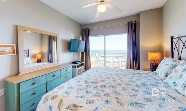 bedroom featuring access to exterior and ceiling fan