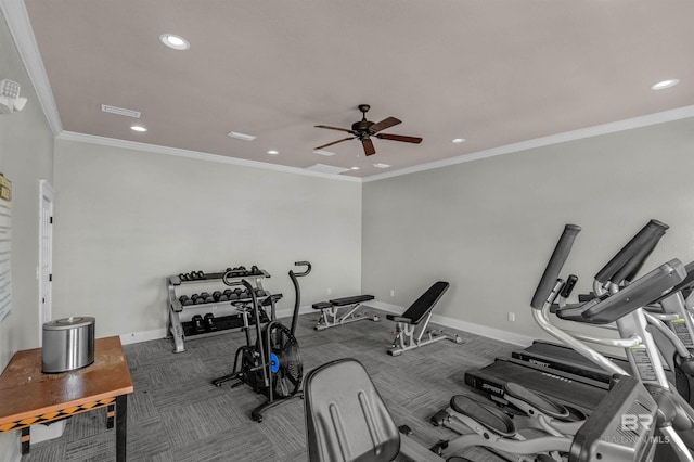 exercise area featuring carpet floors, ceiling fan, and crown molding