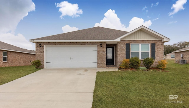 ranch-style home with a front lawn, central AC unit, and a garage